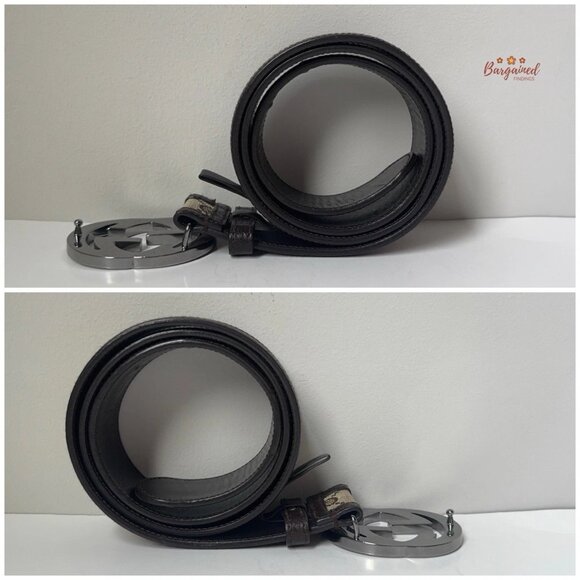 Auth GUCCI Brown Monogram Canvas Leather Silver Interlocking G Buckle Belt 85/34 - Picture 9 of 13